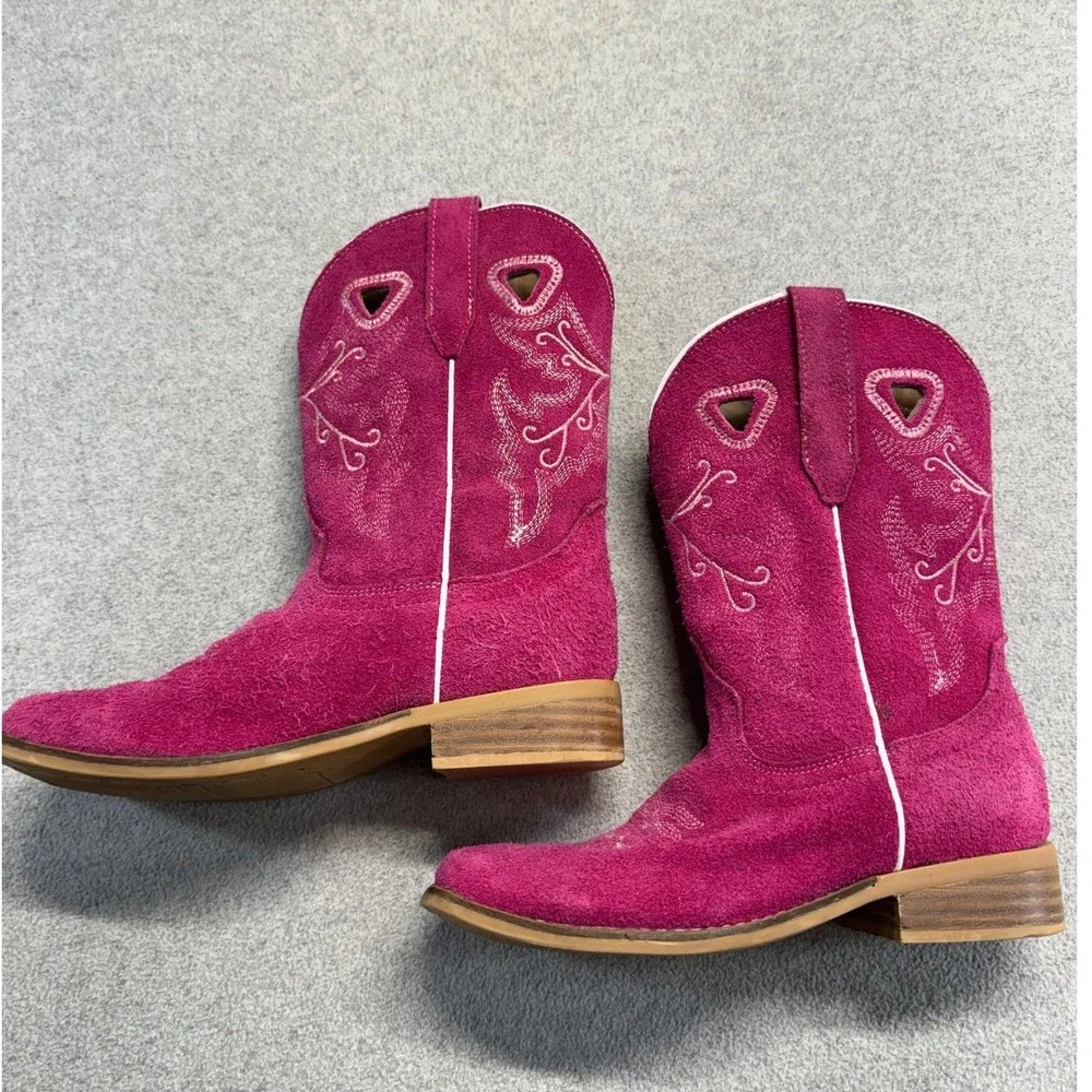 Dingo Cowboy Boots Kids Size 3 Hot Pink Suede Leather Western Square Toe